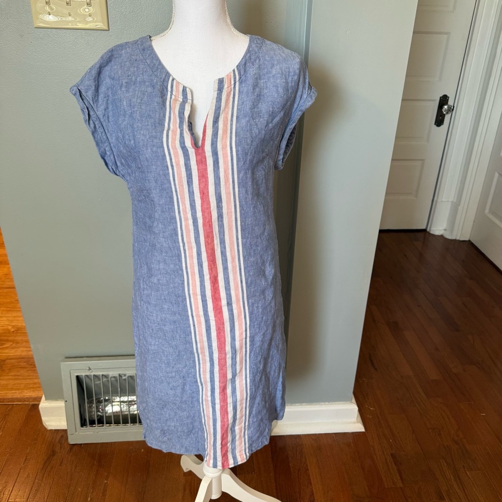 Boden Linen Blue Chambray Shift Dress, Split Neck- 4 Tall Americana Coastal